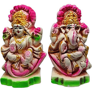 PU-SPM Laxmi Ganesh Murti for Diwali Pooja Clay Laxmi Ganesha Idol Decorative Showpiece - 10.5 cm(Clay, Multicolor) view 2