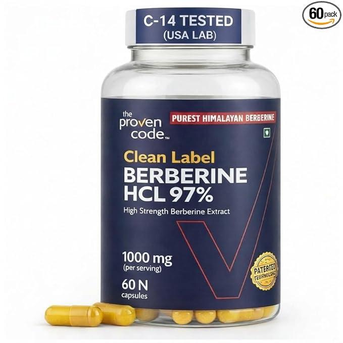 Clean Label Berberine HCl 97% | C-14 Tested Natural Origin | Studied Strength Berberine Supplements 1000mg - Support Blood Sugar, Lower Cholesterol, PCOS supplements - 60 Capsules
