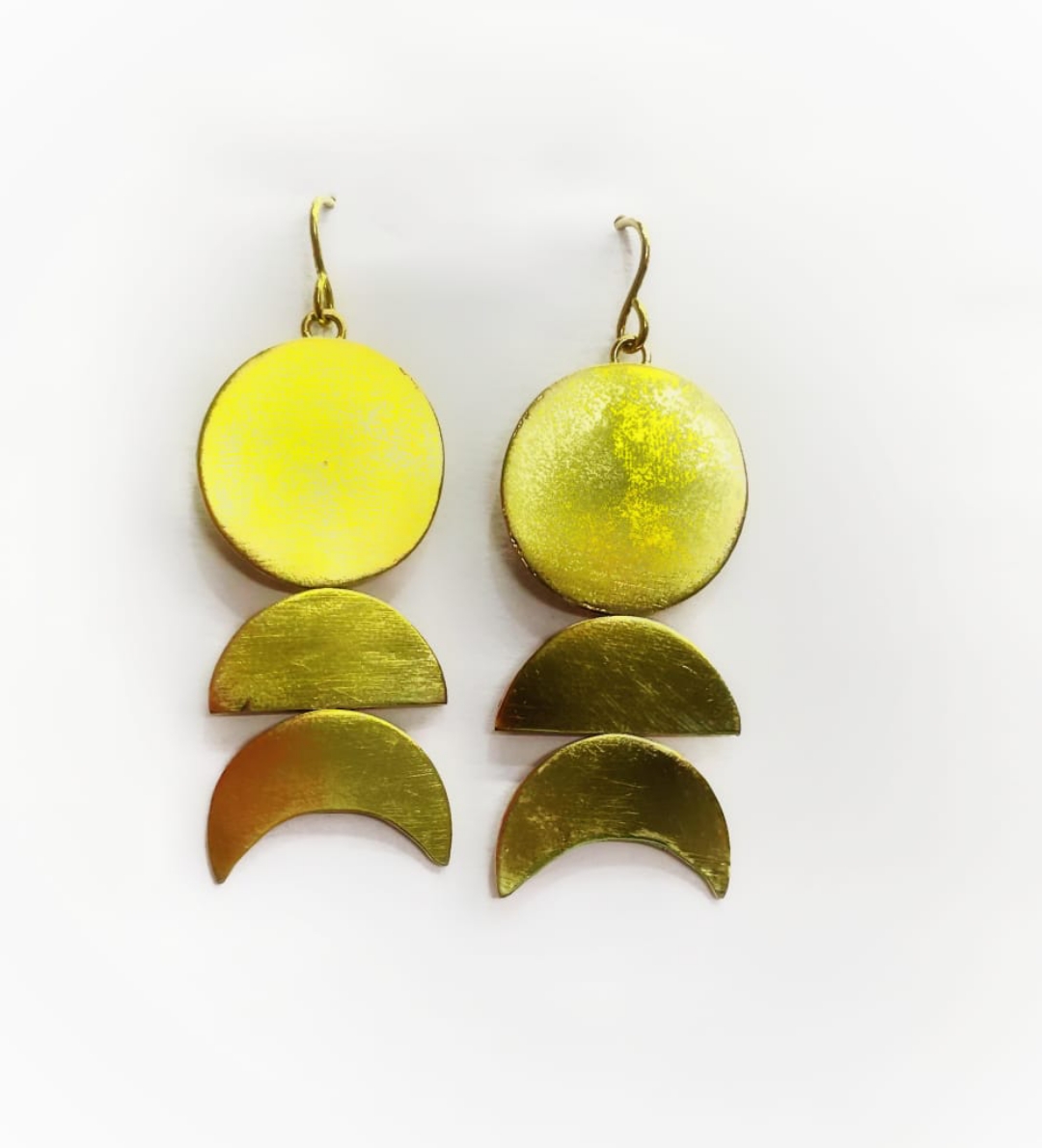 Brass half phases of moon earrings view 2