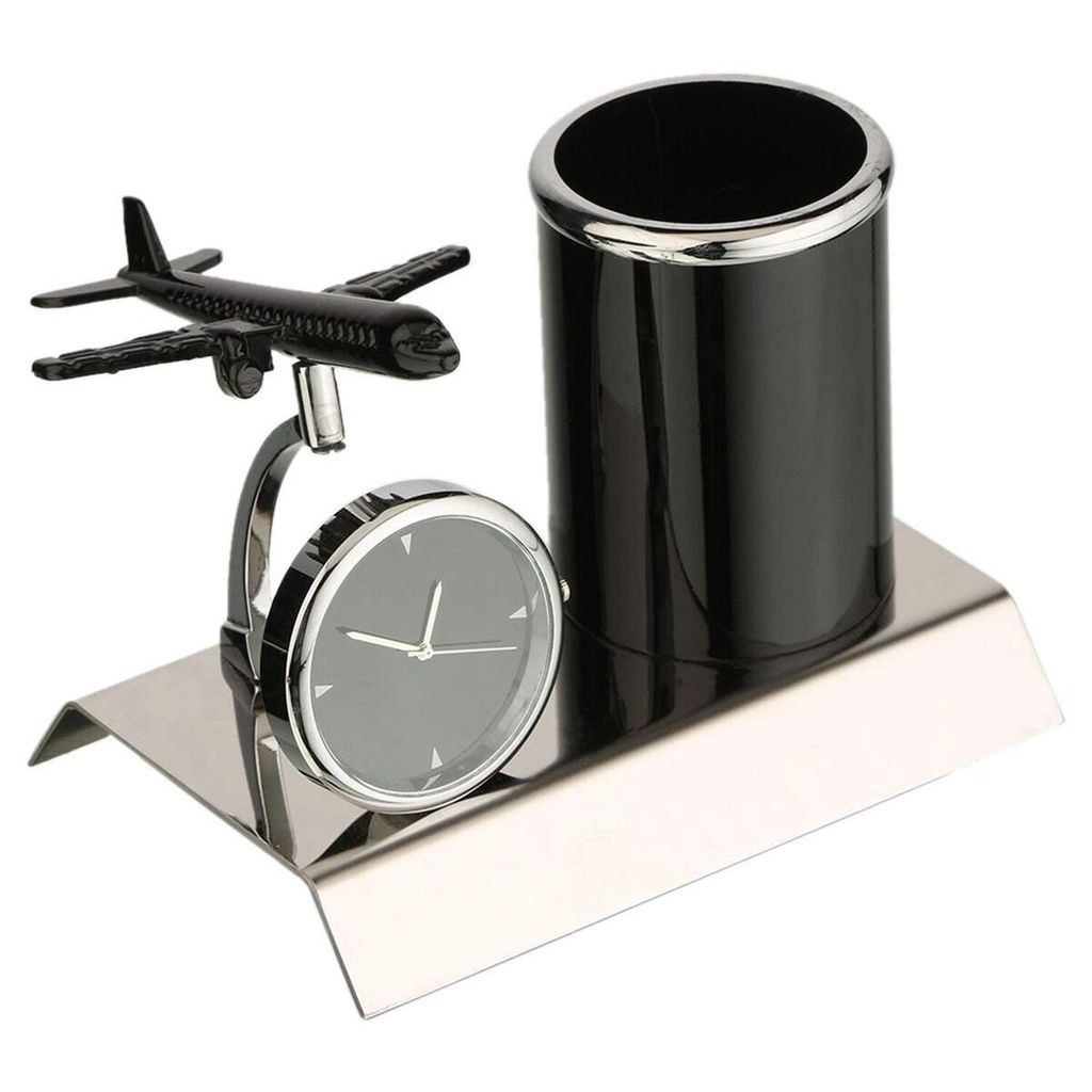 Shri Baba Art - Aeroplane Miniature Metal Pen Stand With Clock, Stylish Desk Organizer, Pencil Holder, Elegant Corporate Gift Set, Durable Decorative Showpiece for Office, Doctors, Lawyers (Black)