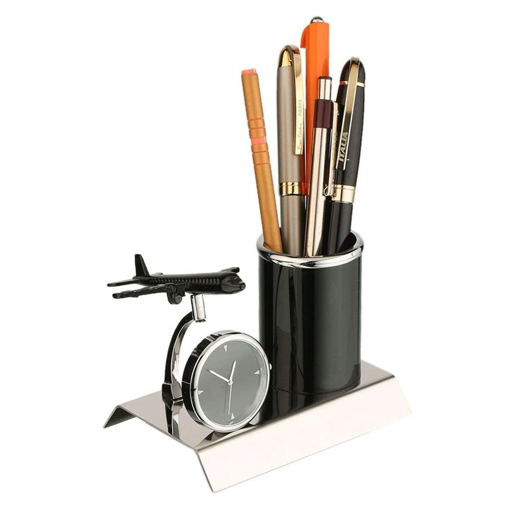 Shri Baba Art - Aeroplane Miniature Metal Pen Stand With Clock, Stylish Desk Organizer, Pencil Holder, Elegant Corporate Gift Set, Durable Decorative Showpiece for Office, Doctors, Lawyers (Black) view 2