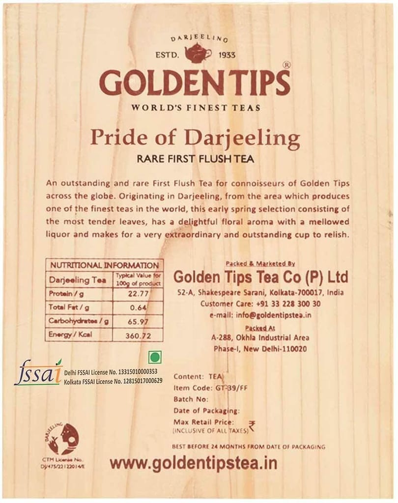 Golden Tips Healthy/Natural and Organic Rare First Flush Darjeeling Tea with Zardosi Work on Velvet Pouch in Pinewood Box (100 Gram, 50 Cups) view 2