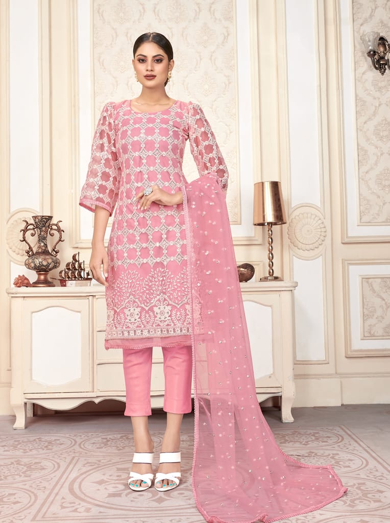 Pink Women Net Heavy Embroidery Work Semi Stitch Dress Material.