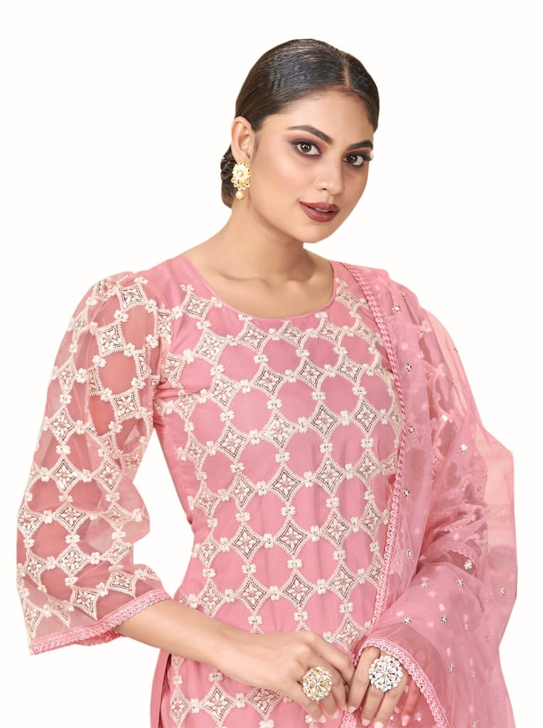Pink Women Net Heavy Embroidery Work Semi Stitch Dress Material. view 2