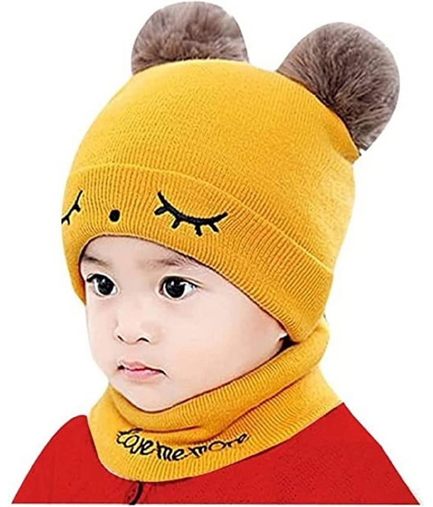 Valdez Woolen Warm Double Pom Pom Cap Beanie Hat and Muffler Winter Accessories for Baby Boys and Girls