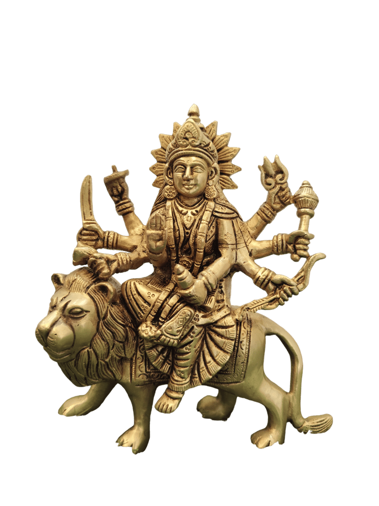 Brass Statue of Durga Maa Riding a Lion