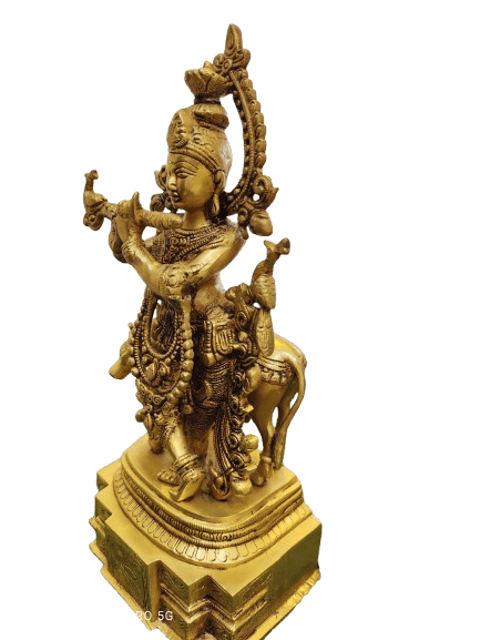 Dancing Lord Krishna Brass Statue Playing Flute with Birds and Cow view 2