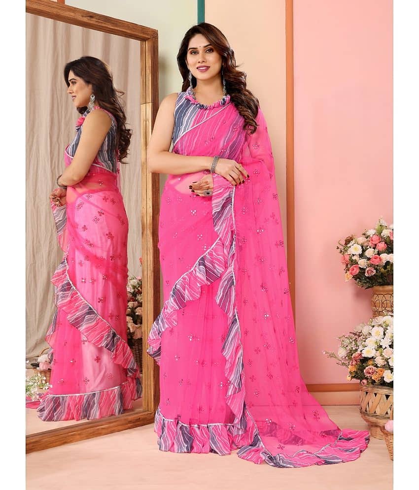 BLEESBURY Net Embellished Saree With Unstitched Blouse Piece ( Pink )