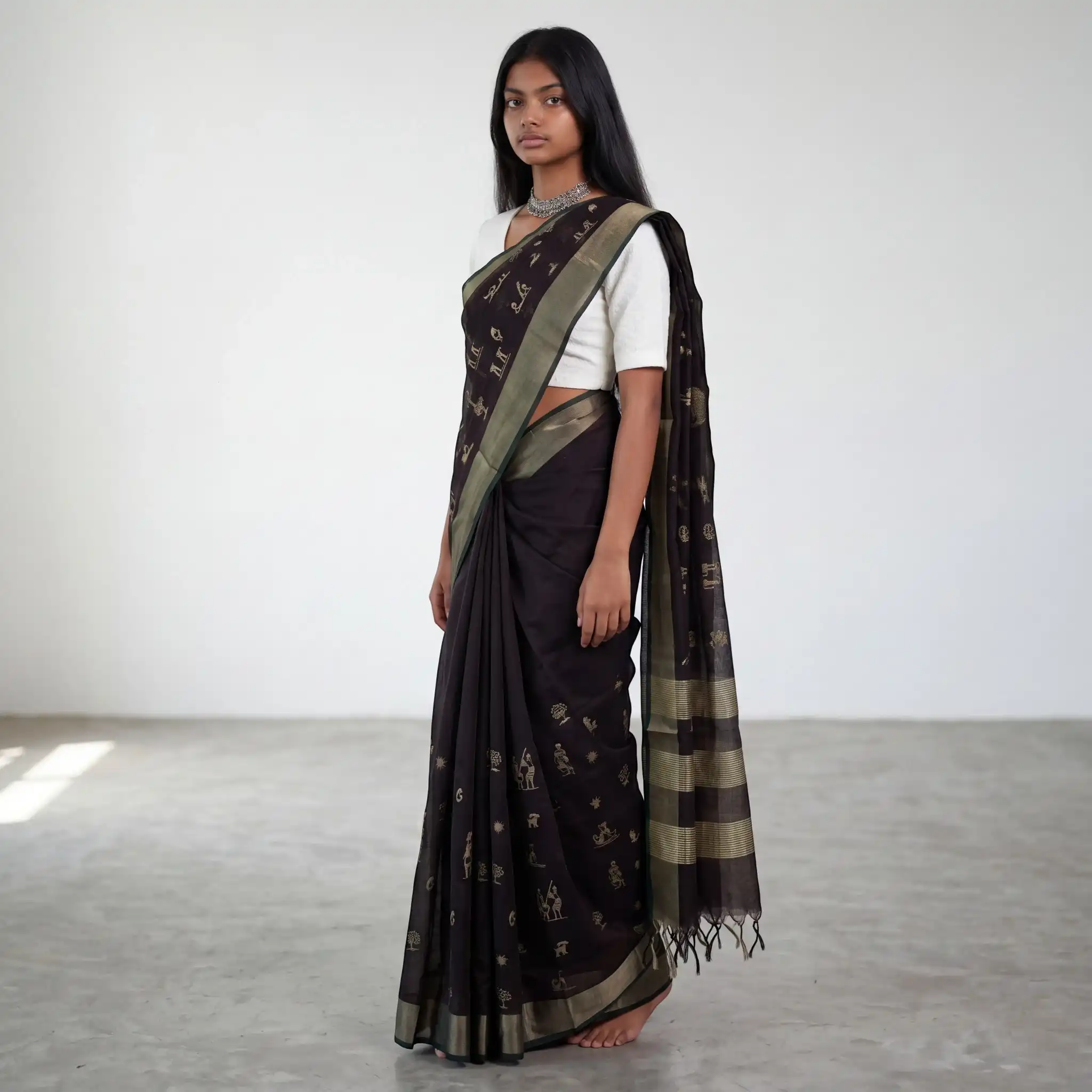 Saura Art Cotton Saree Charcoal Black Tribal Figures view 2
