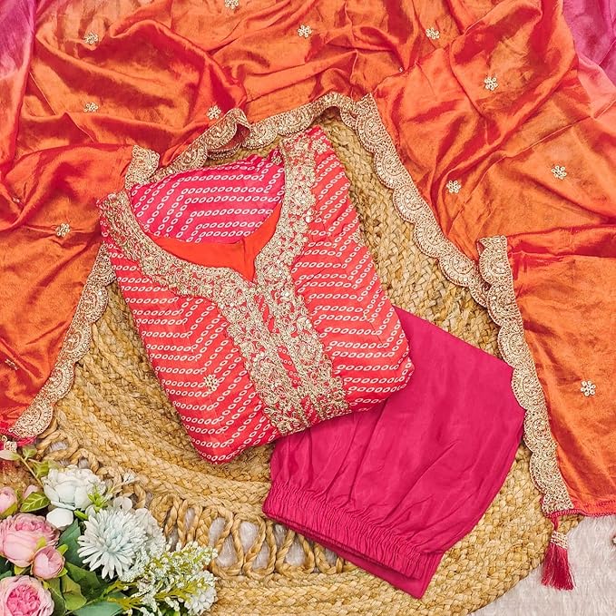 Women?s Anarkali Kurta Set with Dupatta Orange & Pink Ethnic for Women Embroidered Long Kurti with Matching Dupatta Festive, Wedding & Party Outfit view 2