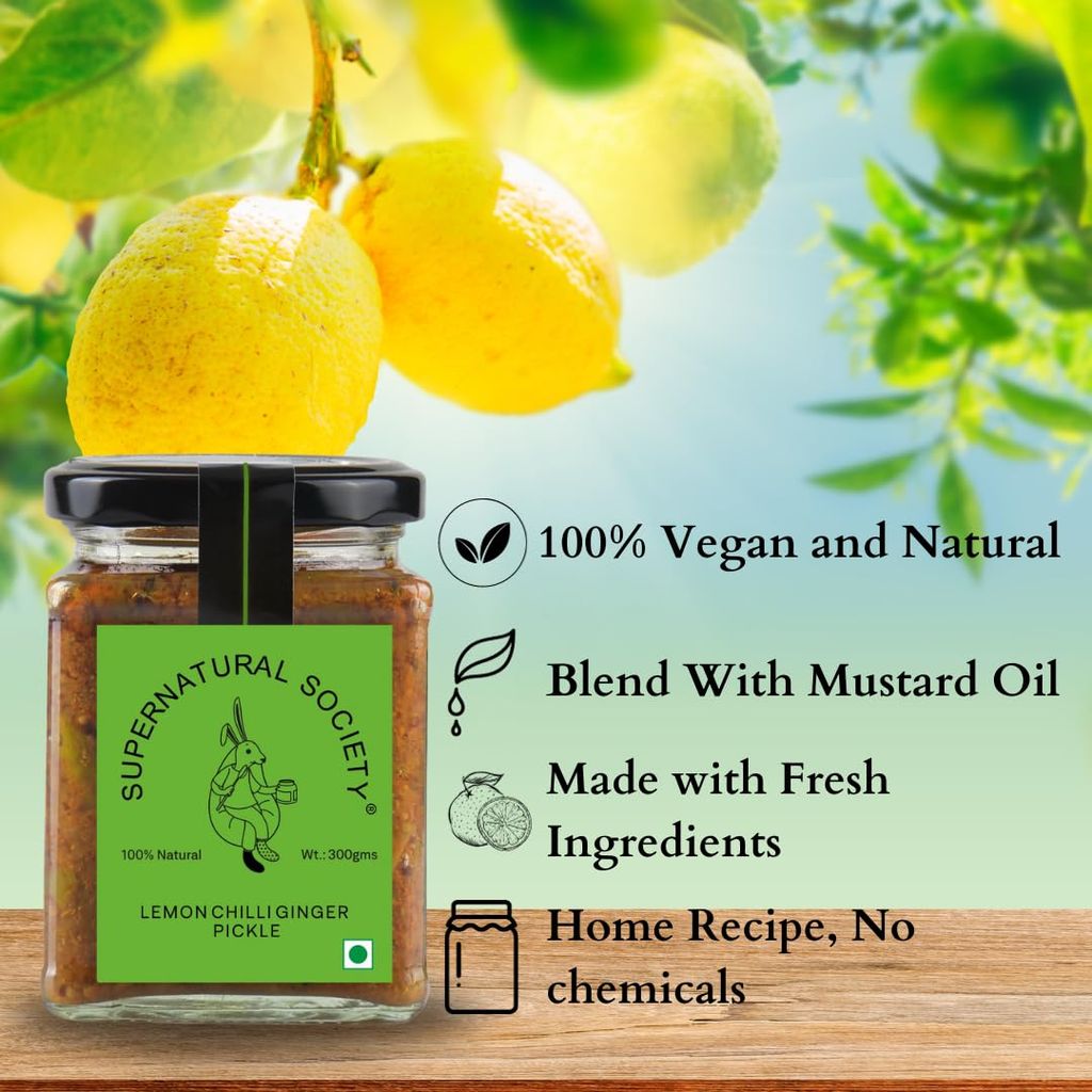 Supernatural Society - Lemon Chilli Ginger Pickle 300 gram| Neemboo Hari Mirch ka Achar | Sun-Dried & Tangy & Spicy | Fresh Pickle| Preservatives Free| Handmade by International Chef view 2