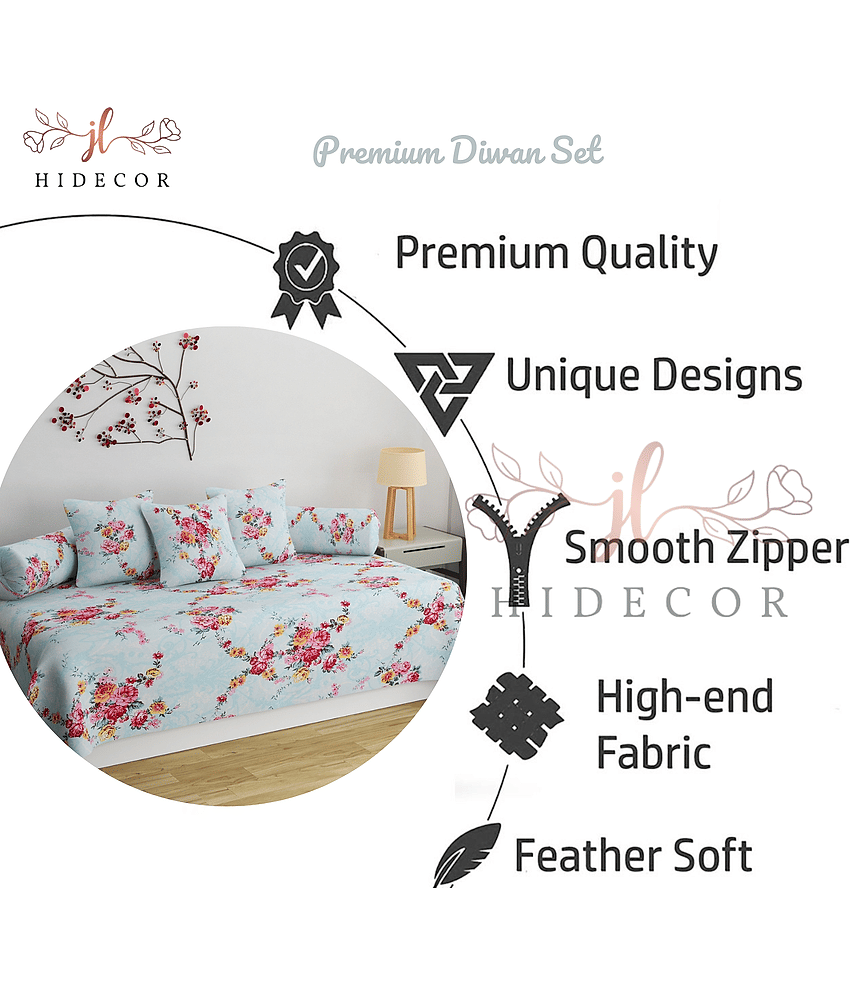 HIDECOR Cotton Floral Diwan Set 6 Pcs - Blue view 2
