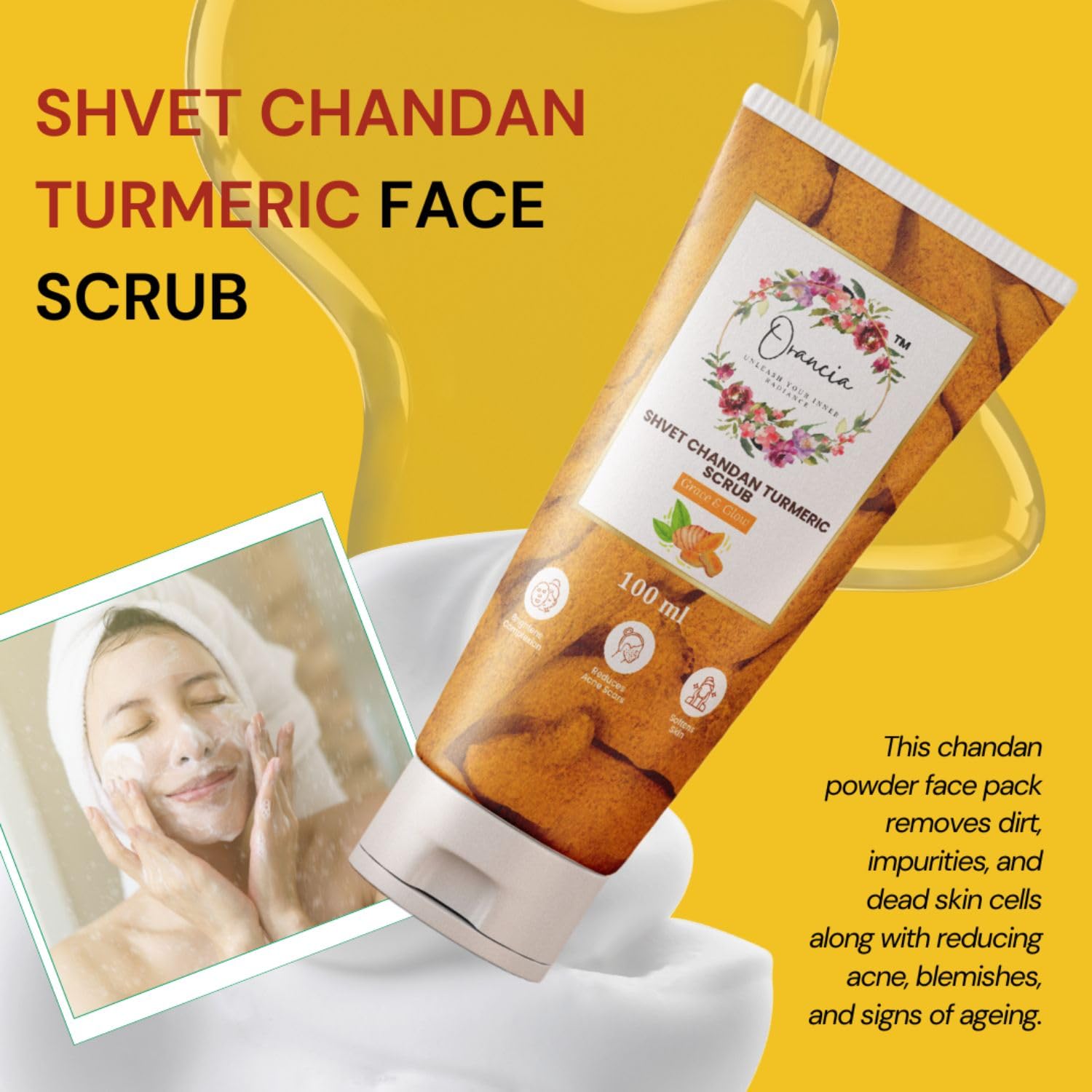 Orancia Shvet Chandan Turmeric Face Scrub For Glowing Skin | Gently Exfoliates, Smoothes & Improves Skin Tone | Removes Tan & Dead Skin | Tan Removal Face Scrub | Suitable for all skin types- 100Gm view 2
