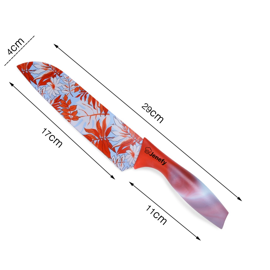Jenefy Ultra Sharp Knife with prints of protective sheath Chef Knife Japanese Santoku Knife with Non stick coating NonSlip Ergonomic Handle & Blade Cover High carbon Stainless Steel Yellow & Red Combo view 2