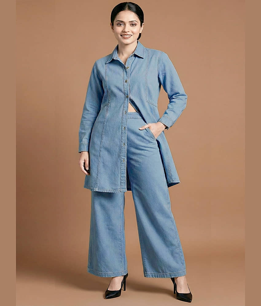Addyvero Women Solid Top With Trousers Co-Ord Set ( Light Blue )