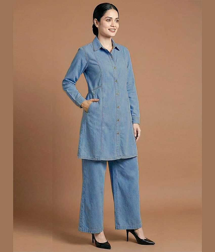 Addyvero Women Solid Top With Trousers Co-Ord Set ( Light Blue ) view 2