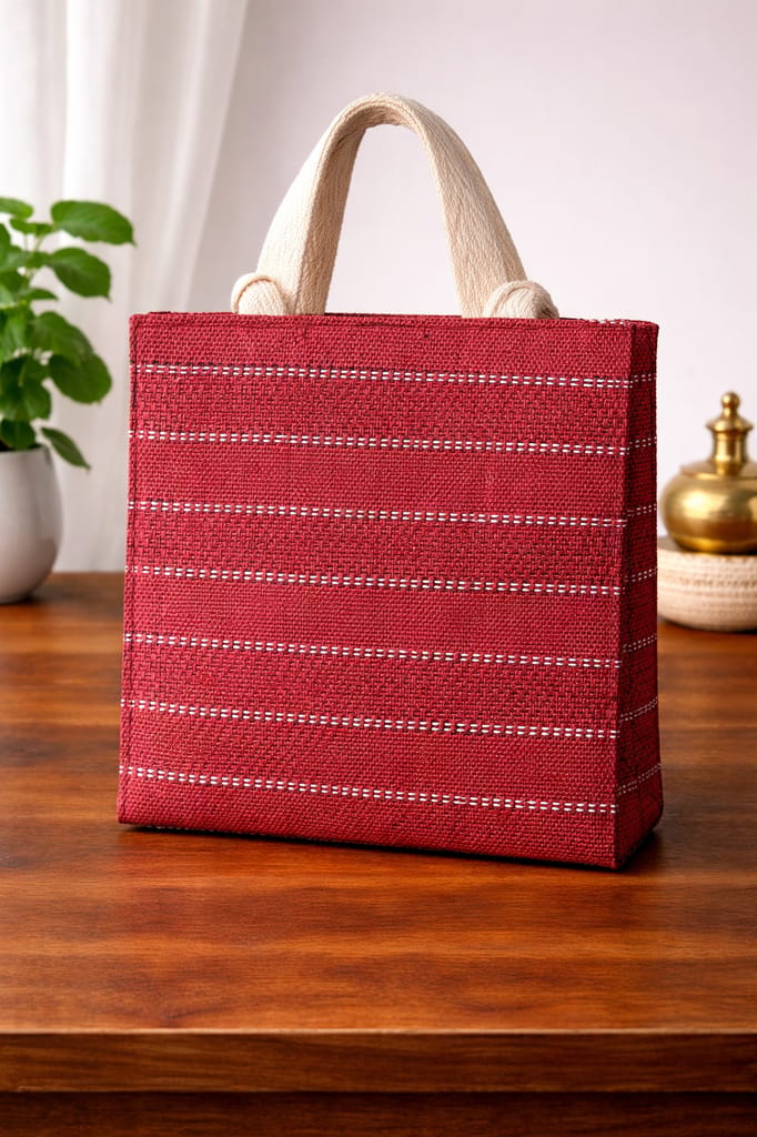 Warli Art Printed Maroon Jute Handbag with Front Zipper Pocket view 2
