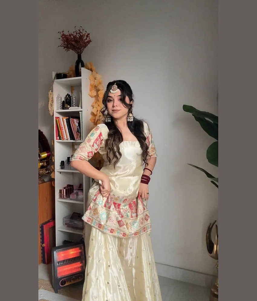 BHAGYASHRAY Women Silk Embroidered Straight Kurti With Sharara And Gharara ( Cream ) view 2