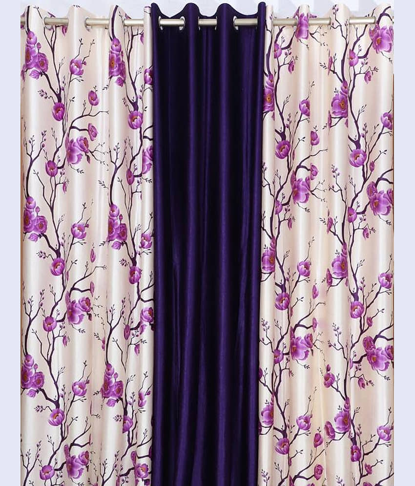 Kraftiq Homes Floral Semi-Transparent Eyelet Curtain 9 ft ( Pack of 3 ) - Purple view 2