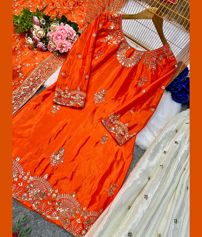 BHAGYASHRAY Women Silk Embroidered Straight Kurti With Sharara And Gharara ( Orange ) view 2