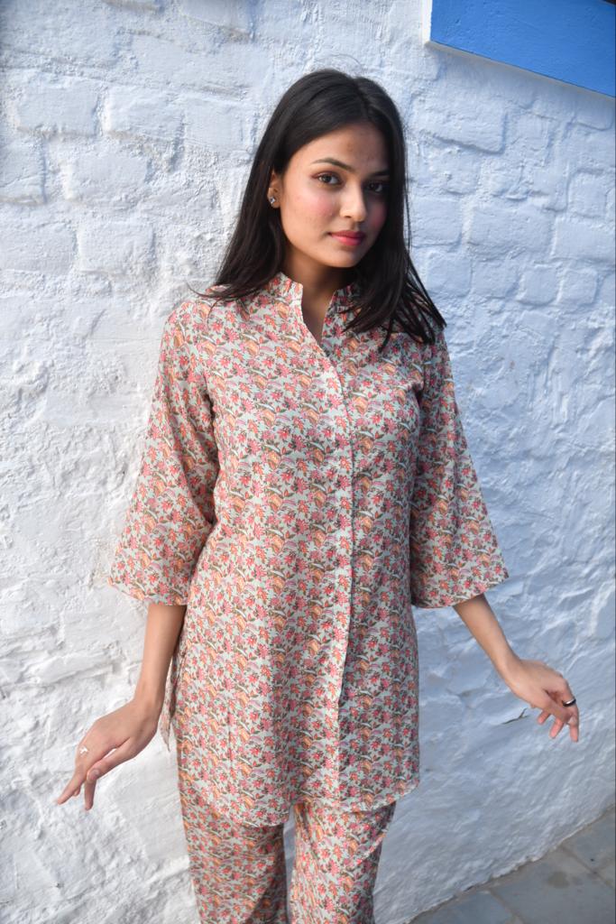 Classic Floral Handcrafted Co-ord set : lightweight fabric view 2