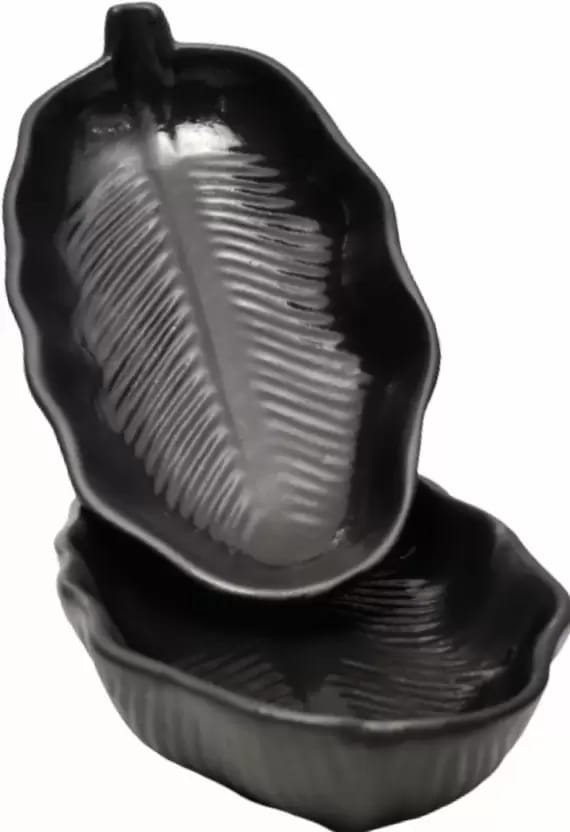 Ceramic Banana Leaf Designed Serving Platters for Dessert and Snacks Black Matt Pack of 2 view 2