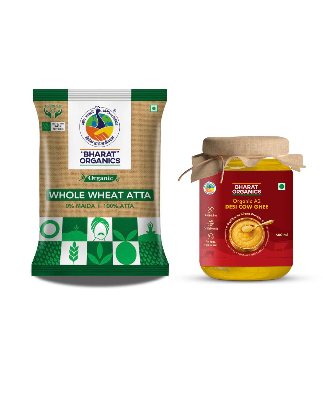 Organic A2 Desi Cow Ghee 500 ml + 5 Kg Whole Wheat Atta -Bharat Organics
