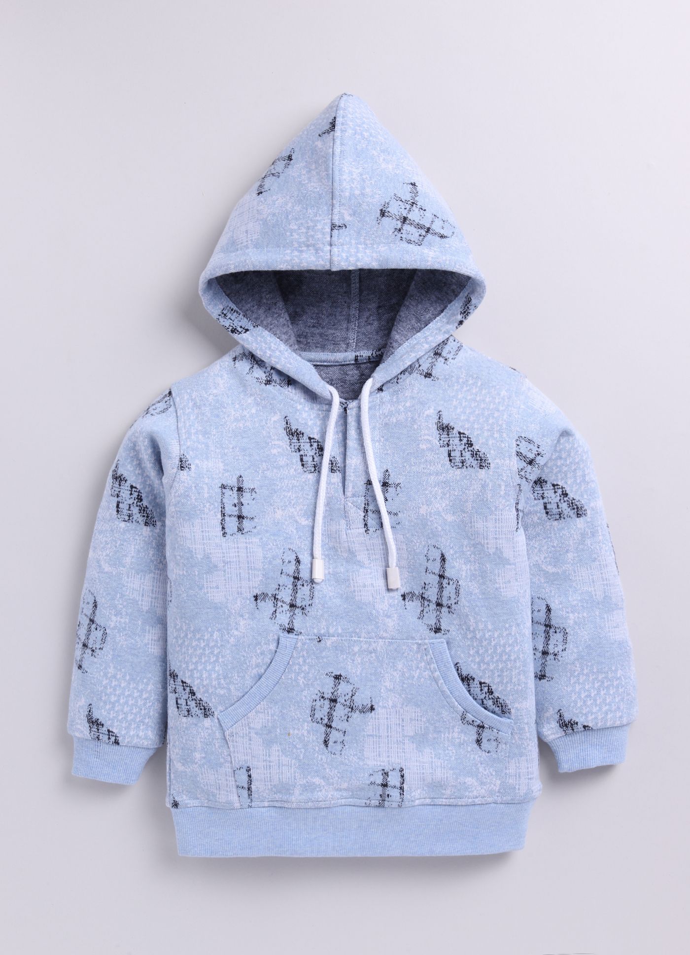 Baby Blue Checkered Print Full Sleeves Hooded Sweatshirt for Boys