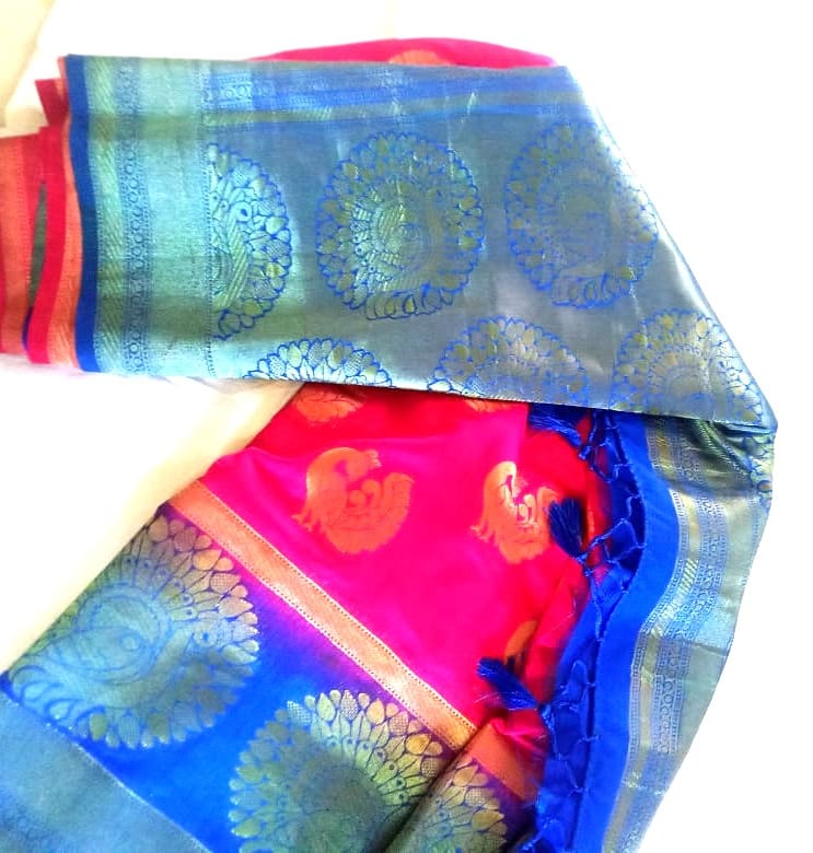 Pink &Blue &Peacock Color Butta Soft Silk Saree With Contrast Blouse view 2