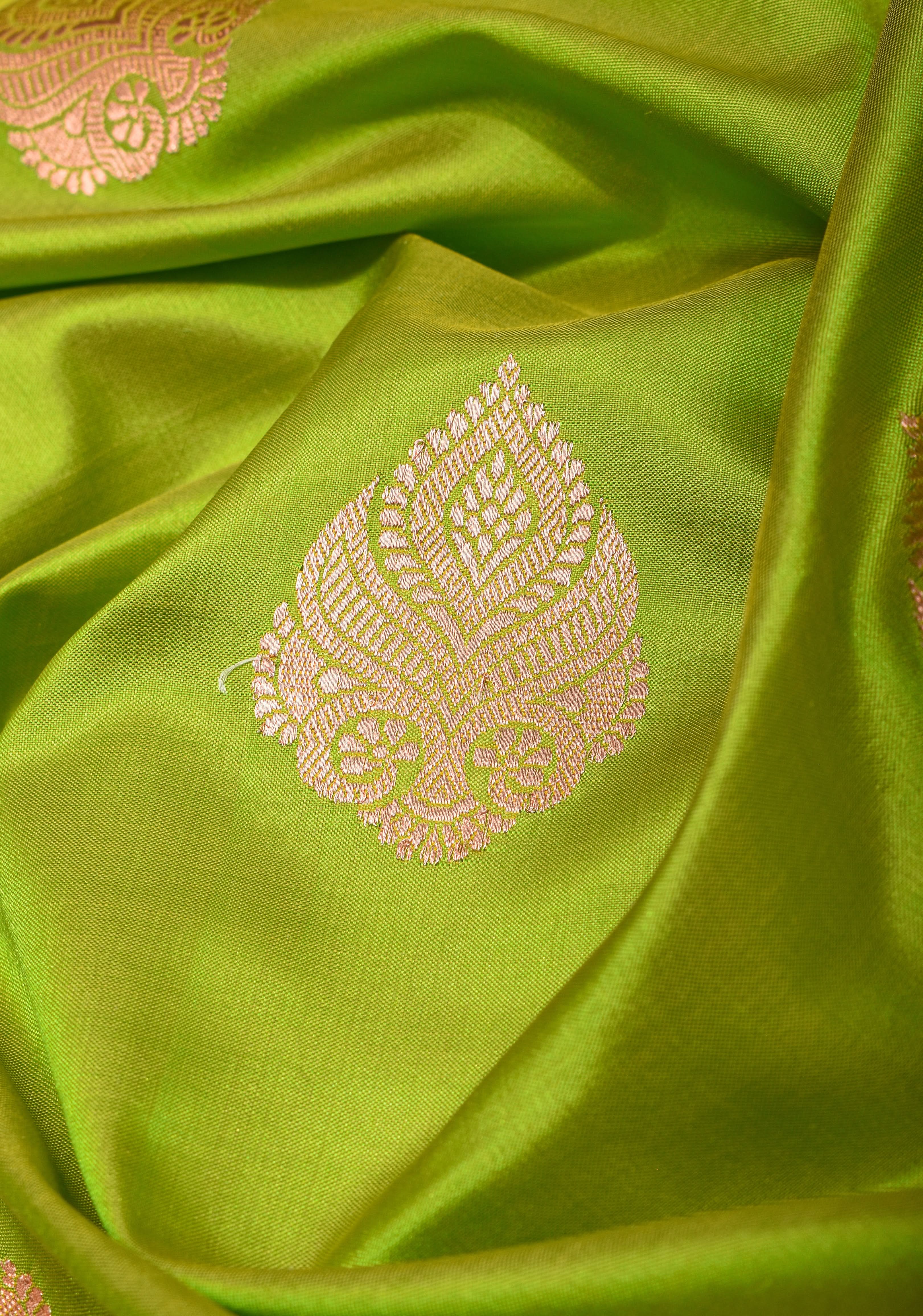 Chartreuse and Purple Banarasi Katan Silk Saree with Zari detailing | SILK MARK CERTIFIED view 2