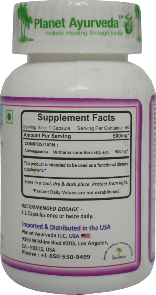 Planet Ayurveda Ashwagandha Root Extract Capsules - 60 Vegetarian Capsules - 500 mg view 2