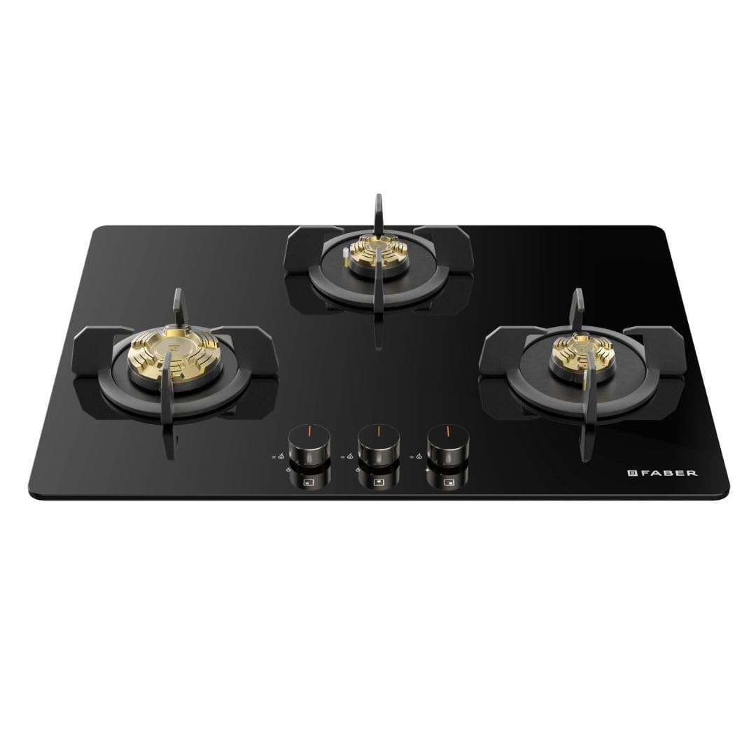 Faber 3 Burner 70Cm HOB, Auto Ignition, HOB PRIME HT703 CRS BR CI AI |Metal Knobs, Cast Iron Pan Support, HOB/Cooktop Hybrid, Black Glass Finish, 5 Yr Warranty On Glass, Valve & 2 Yr On Burner - Black