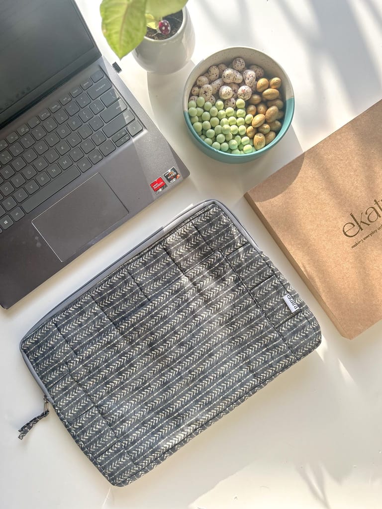 Sustainable Handmade Cotton Laptop Sleeve/Laptop Cover by Ekatra - Black stipes view 2
