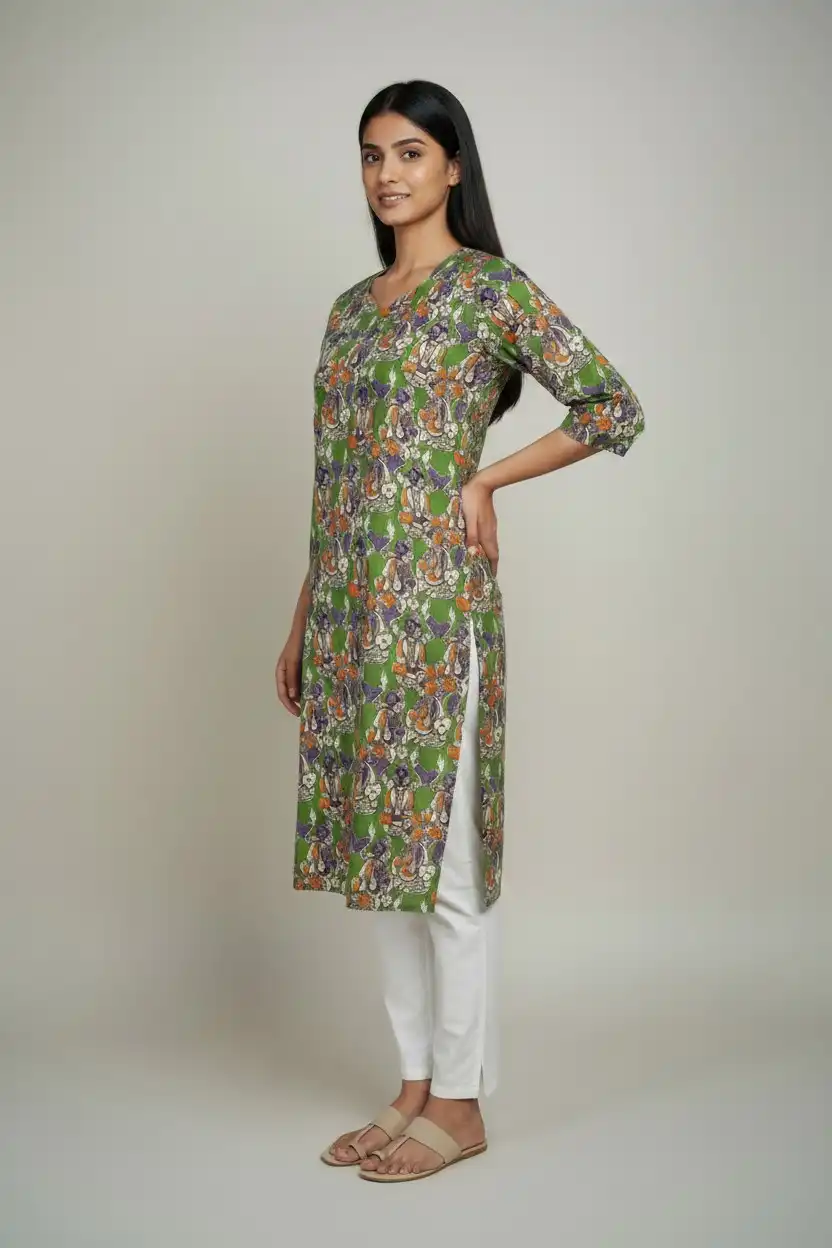 Block Print Cotton Kurti Green Purple Orange view 2