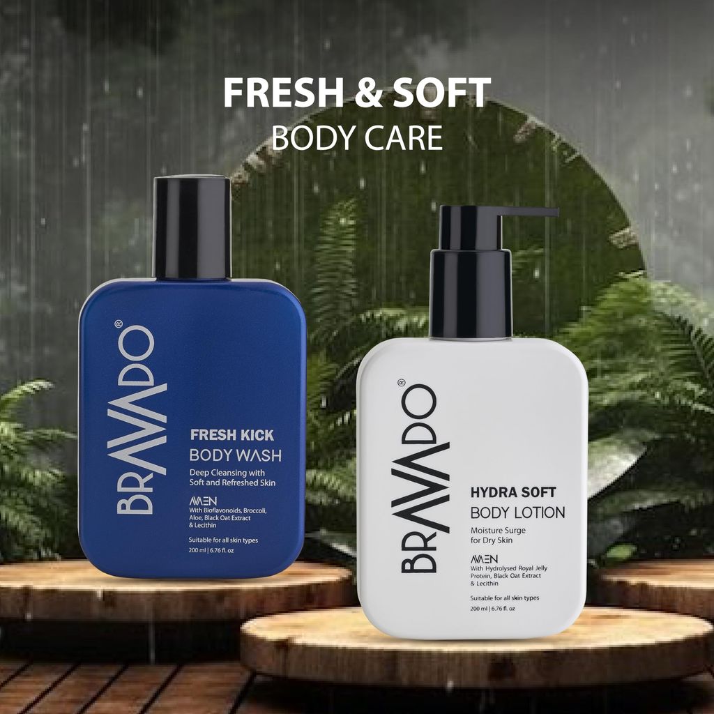 BRAVADO Refreshing Body Care Set, Fresh Kick Body Wash and Hydra Soft Body Lotion | Deep Cleaning, Moisturizing, Anti-Ageing, Sun Protection, Shower Gel, Facewash, Hair Wash-Pack of 2 | 400ml view 2