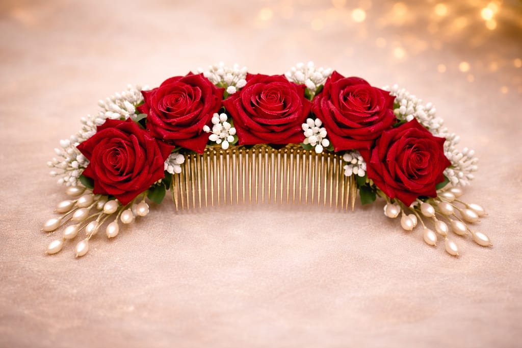 Artificial Rose with white Parag and Pearls Hair Brooch. view 2