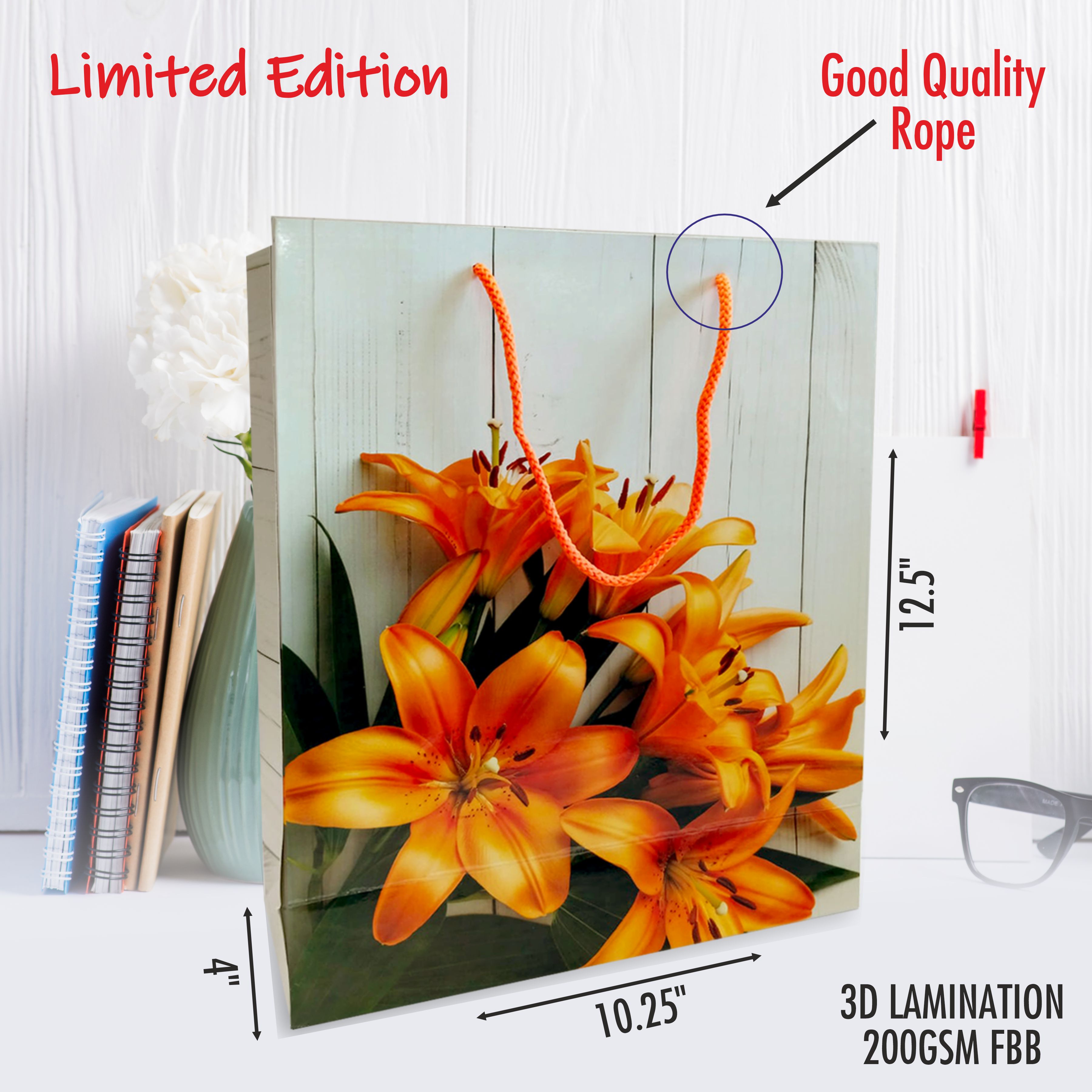 Premium Tulip 200 GSM 3D Gloss Lamination Paper Gift Bags, Ideal For Premium Gifting, Wedding Gifts, & Gifting on Special Occasions (Size: 12.5x10.25x4 inch) - Set of 5 view 2