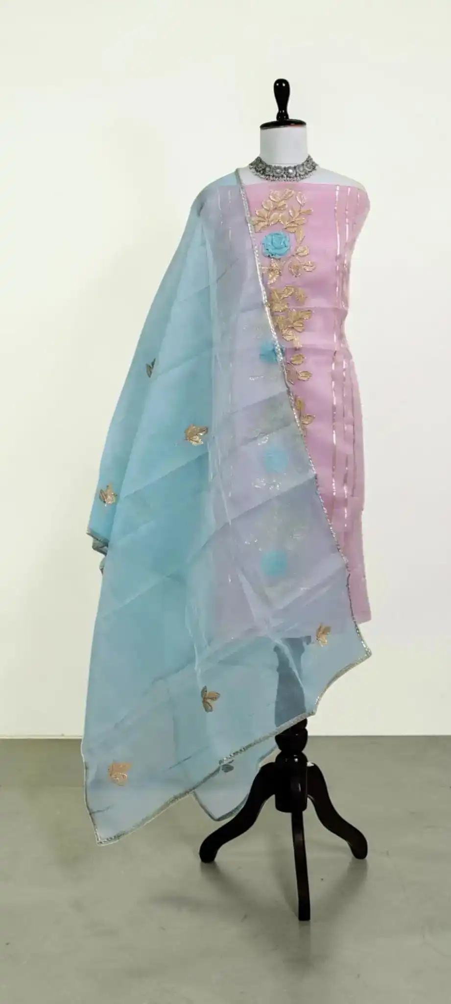 Handwoven Kota Doria Cotton-Silk Dress Material with Zari Border, Aqua
