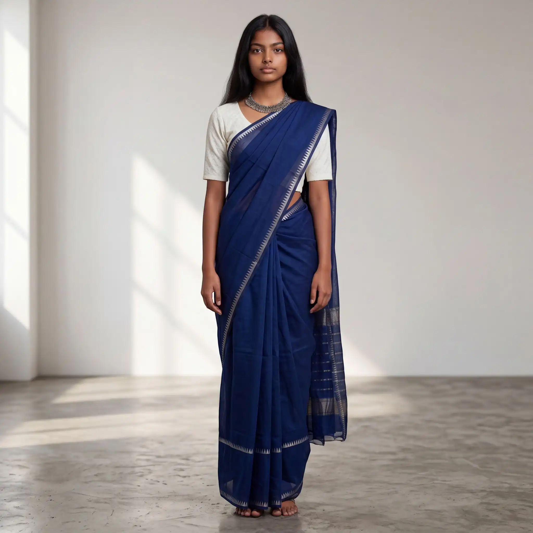 Mangalgiri Navy Blue Silk Cotton Saree Antique Zari Checks
