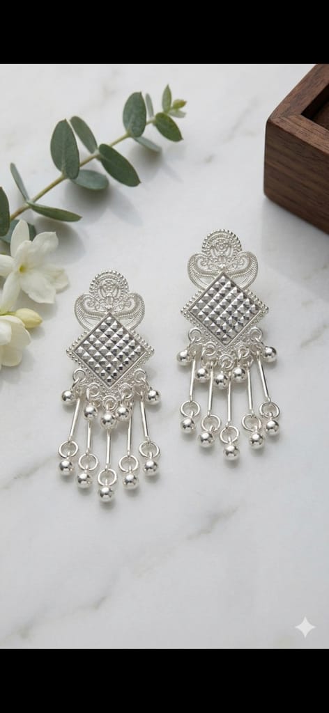 Traditional Silver-Plated Geometric Dangle Earrings view 2