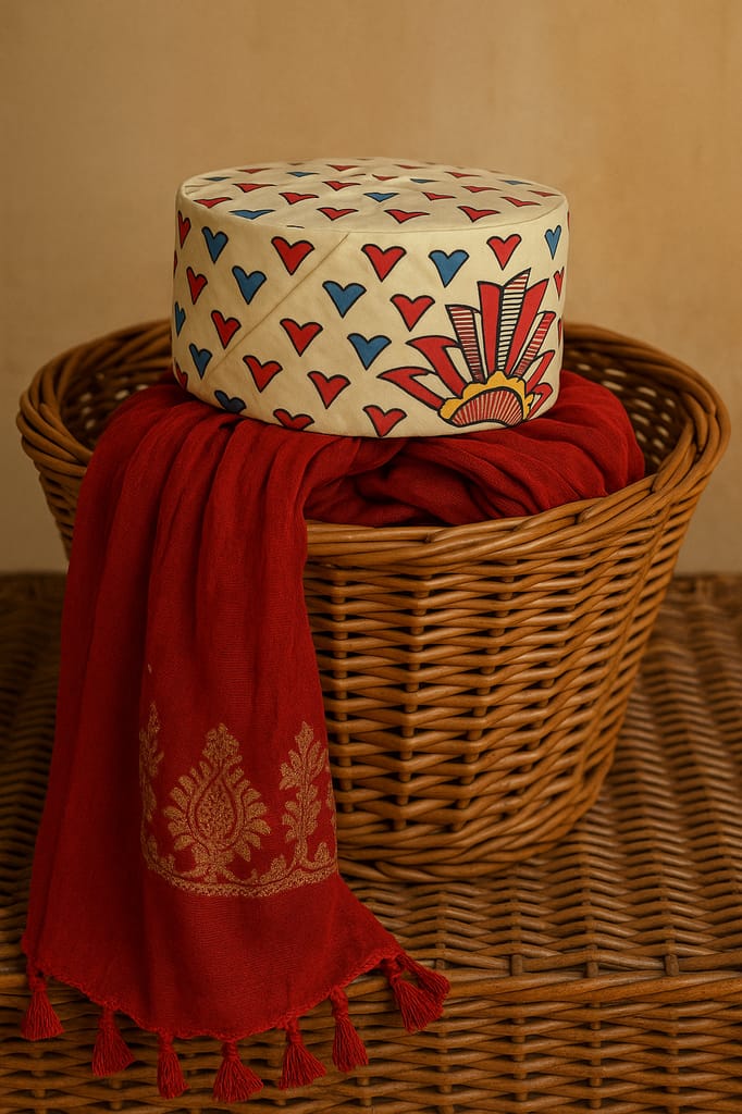 Handcrafted Decorative Hat Box – Red & Blue Heart Pattern with Sunburst Design view 2