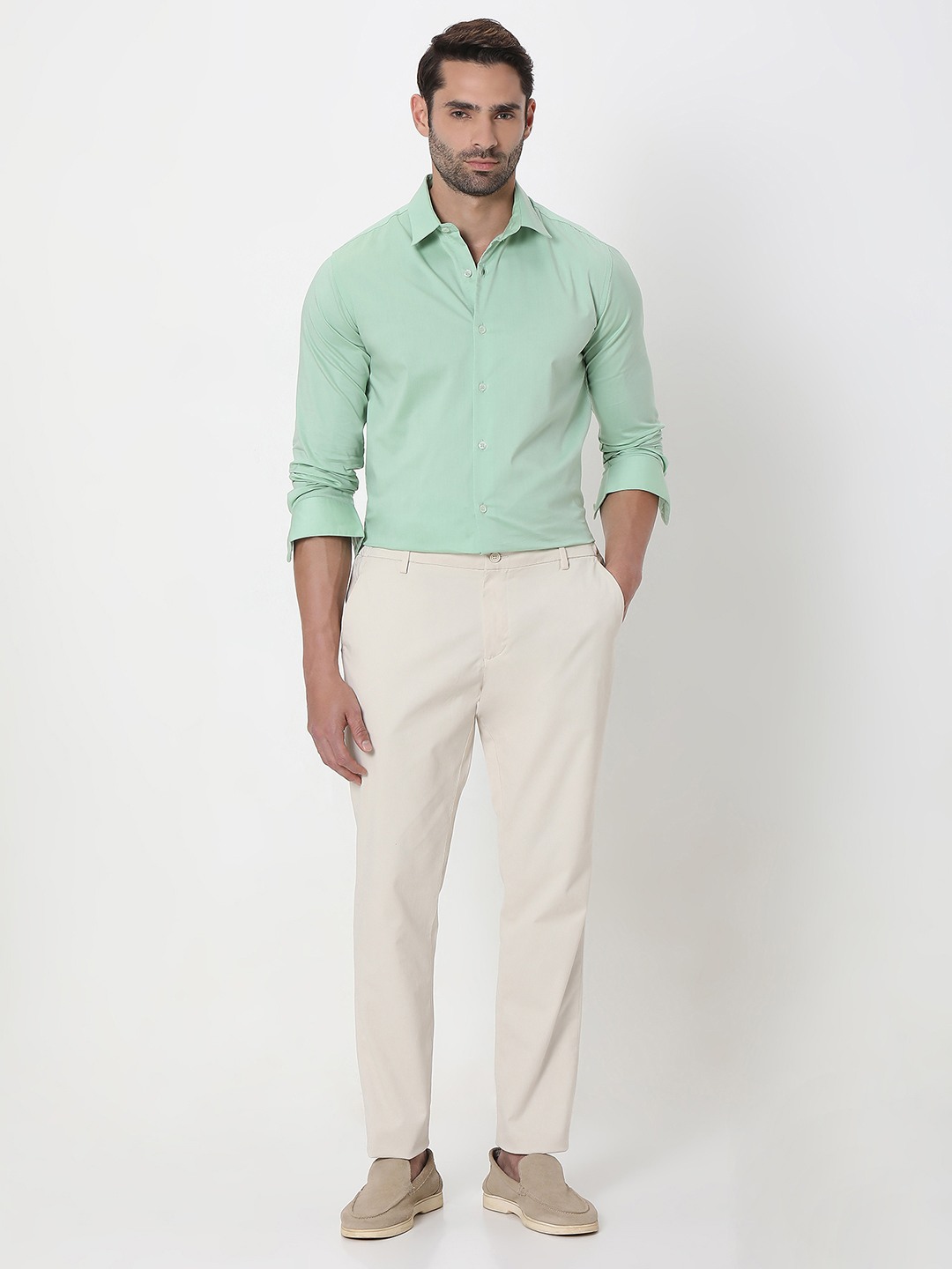Light Green Stretch Plain Slim Fit Casual Shirt view 2