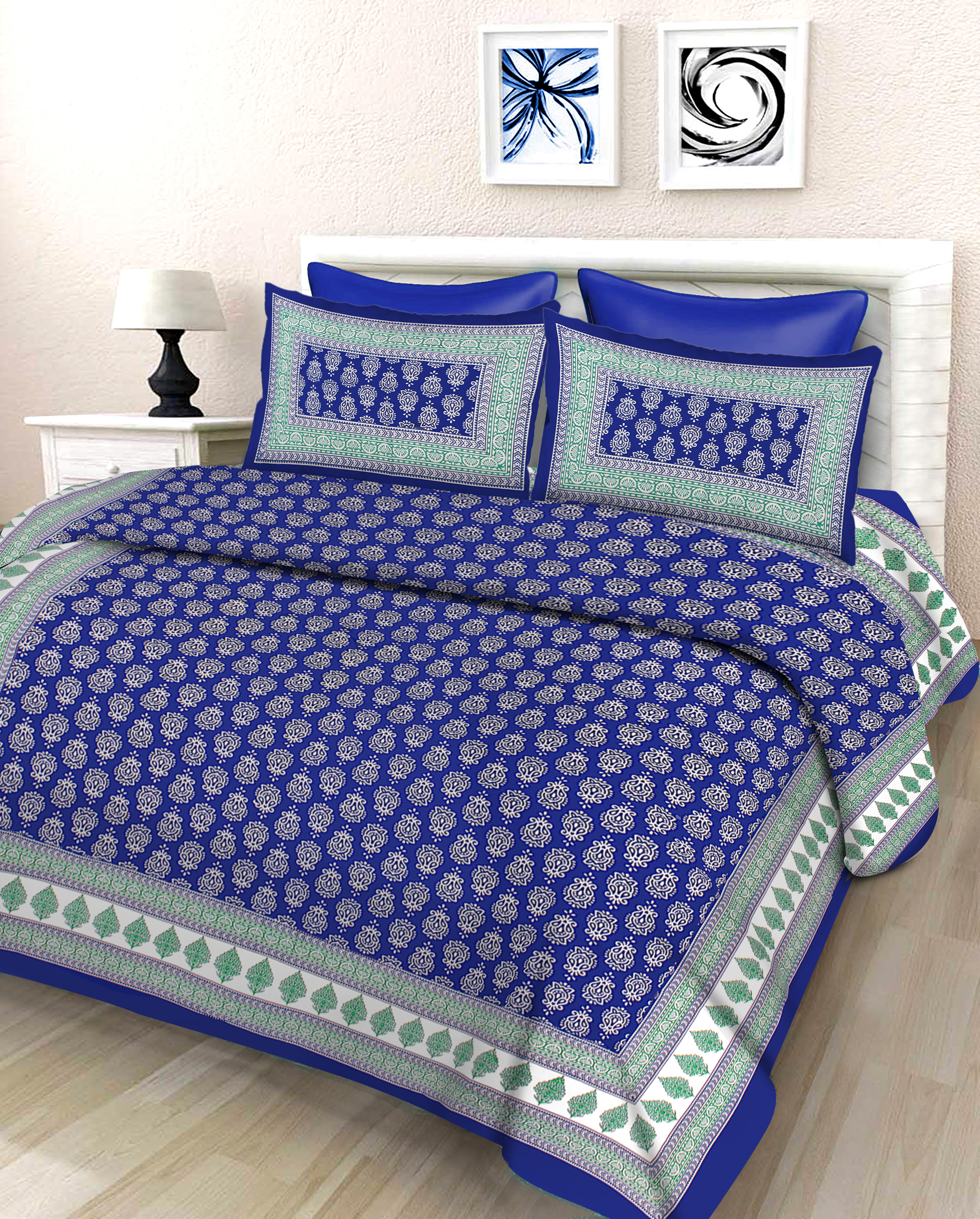 Lali Prints Blue White Floral Printed Cotton 130 TC Queen Bedsheet With 2 Pillow Covers