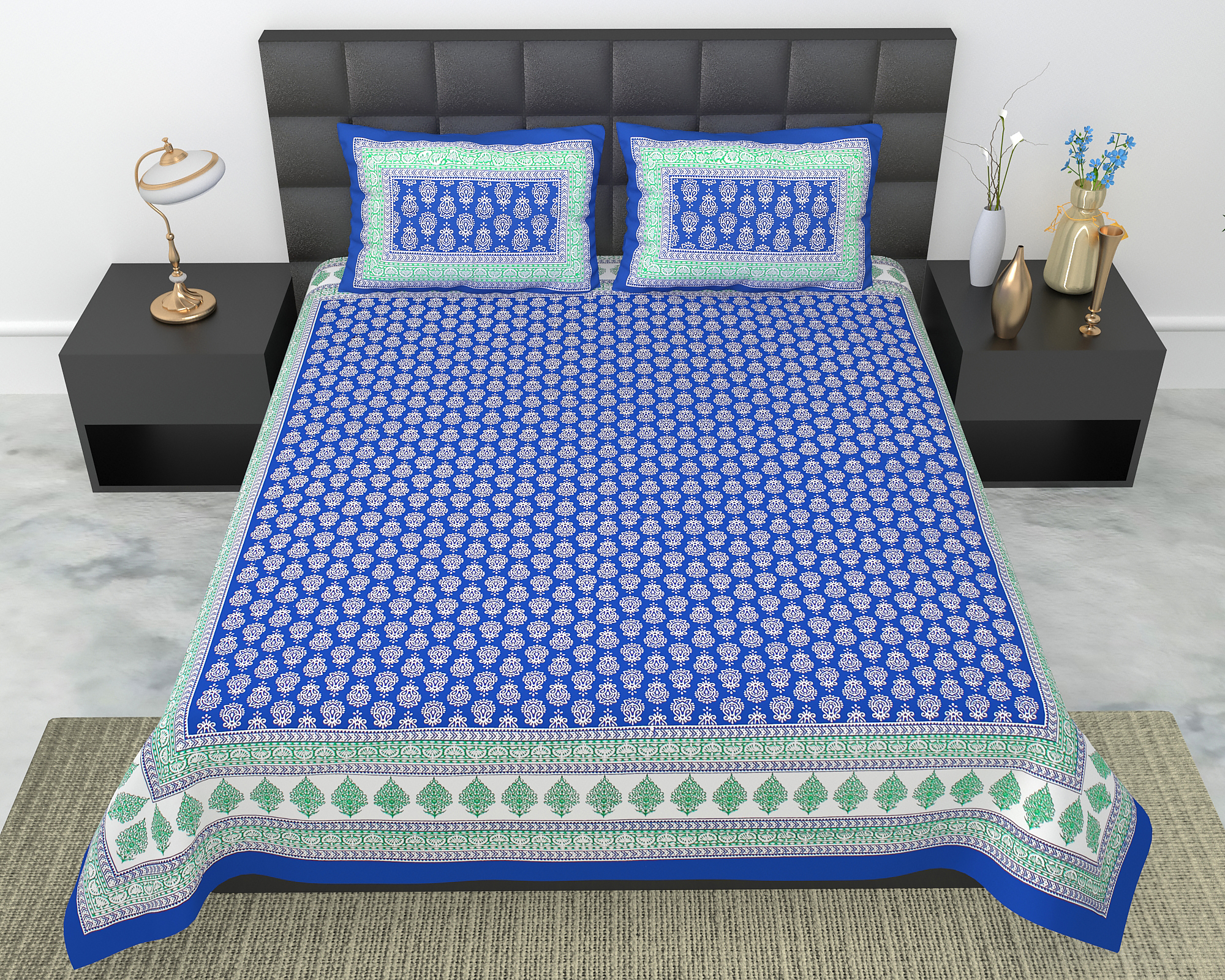 Lali Prints Blue White Floral Printed Cotton 130 TC Queen Bedsheet With 2 Pillow Covers view 2
