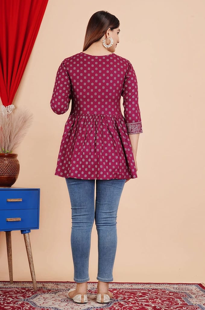 MANMAYEE Indian Tunic Tops Women's Rayon Foil Work Printed Short Round Top | Short Top view 2