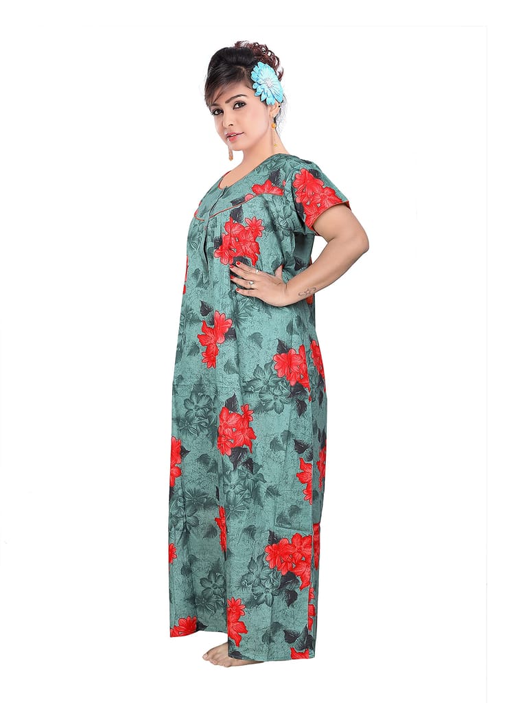 VALENCIA SLEEPWEAR Sleepwear Pure Cotton Printed Round Neck Nightgown Nighty with Pleades for Extra Comfort Green view 2