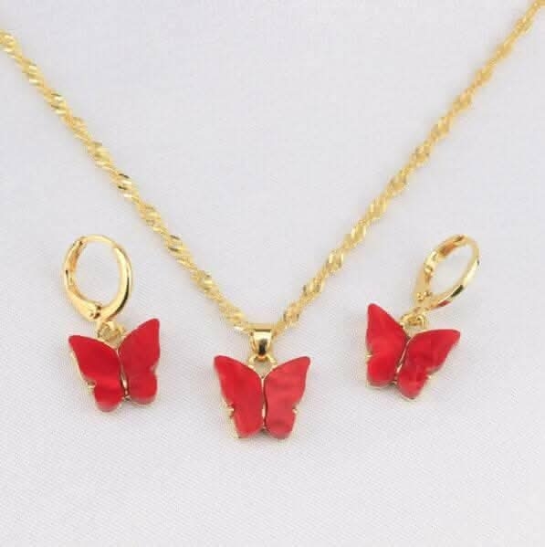 Pinapes Butterfly Hoop Earrings & Pendant Necklace Set – Acrylic Charm Jewelry for Women & Girls - Red view 2