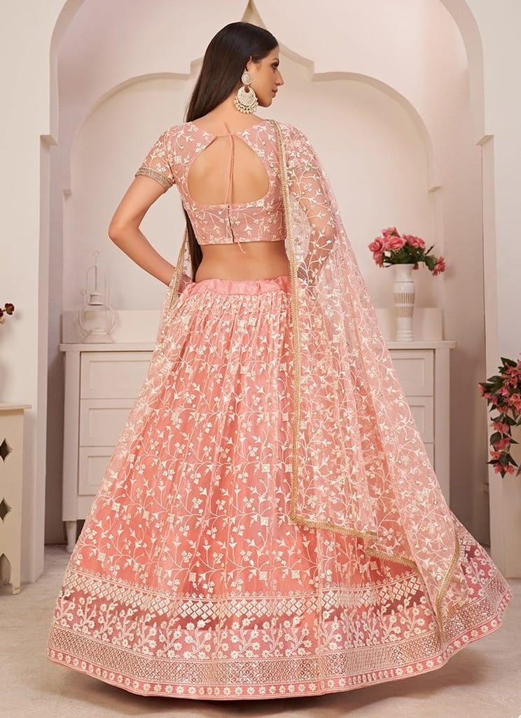 Gorgeous Peach Mono Net Wedding Wear Lehenga Choli view 2