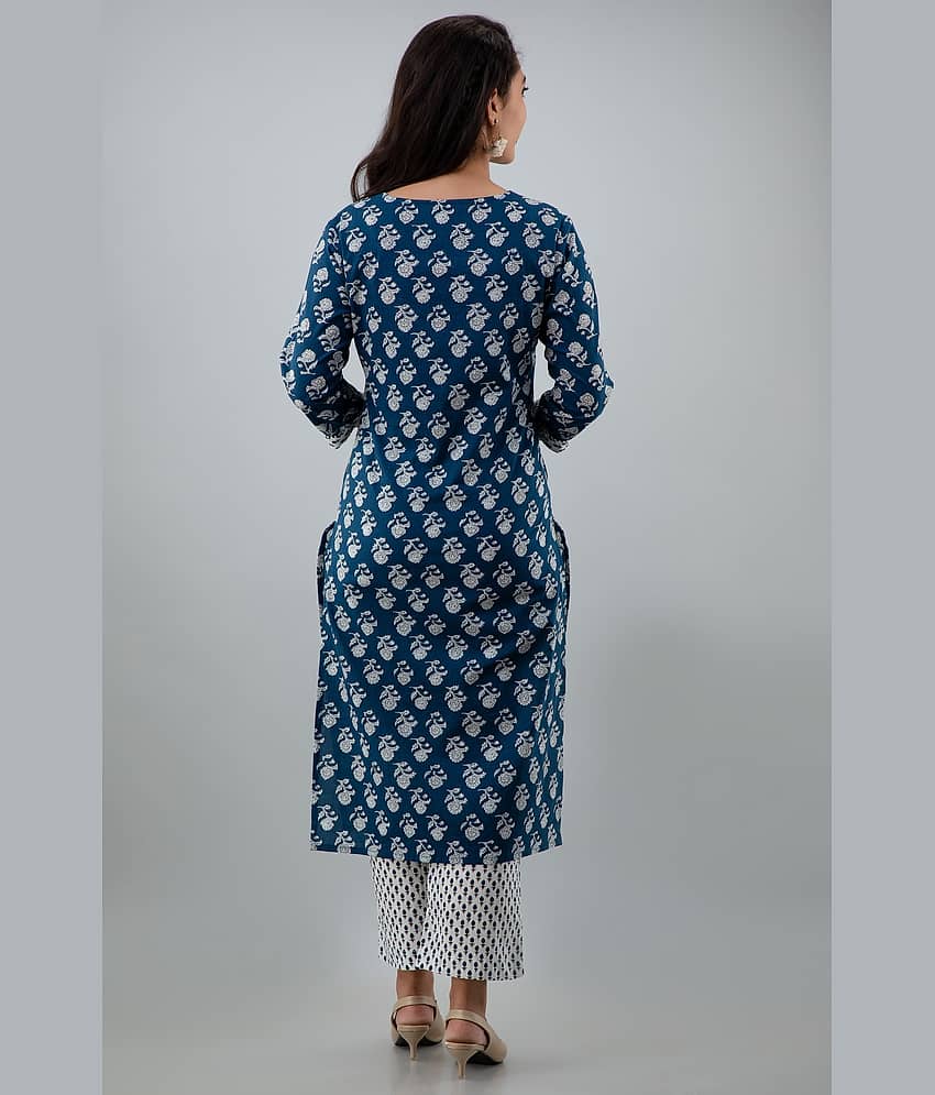Jaipuri Collection - Navy Cotton Women's Straight Kurti ( Pack of 1 ) view 2