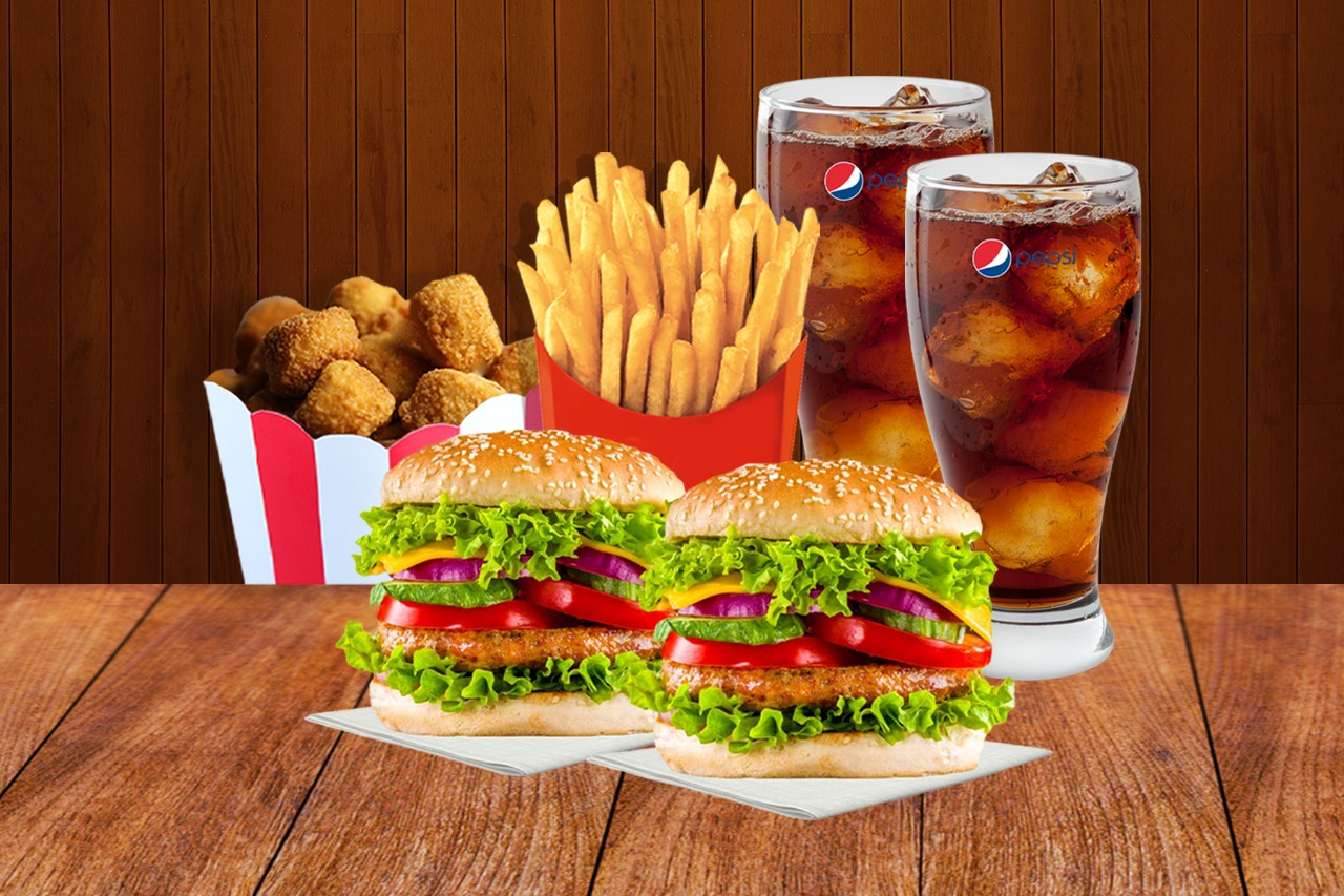 2 chicken burger+ fries+ chicken popcorn+ pepsi
